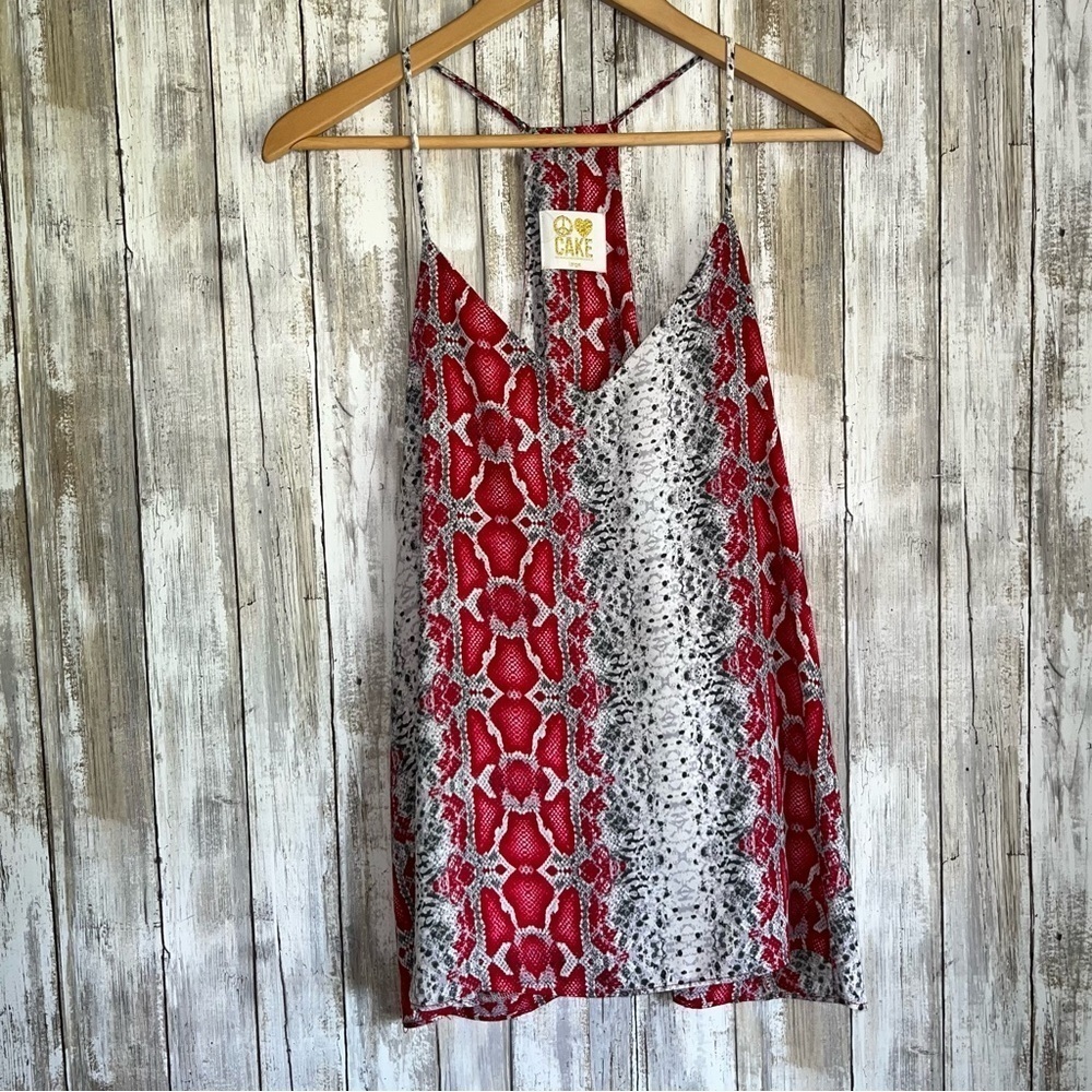 Peace Love Cake Snake Print Cami Tank Red Gray V-Neck Large Boho - Picture 2 of 7